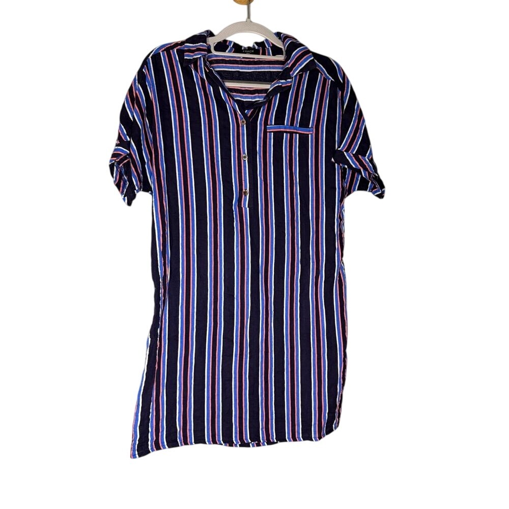 Frnch Paris blue purple pink striped short sleeve 1/4 button mini tunic dress